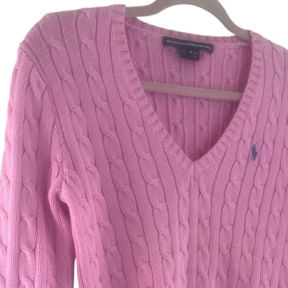 Ralph Lauren classic sport pink cable knit logo sweater slim fit size medium - Picture 6 of 10
